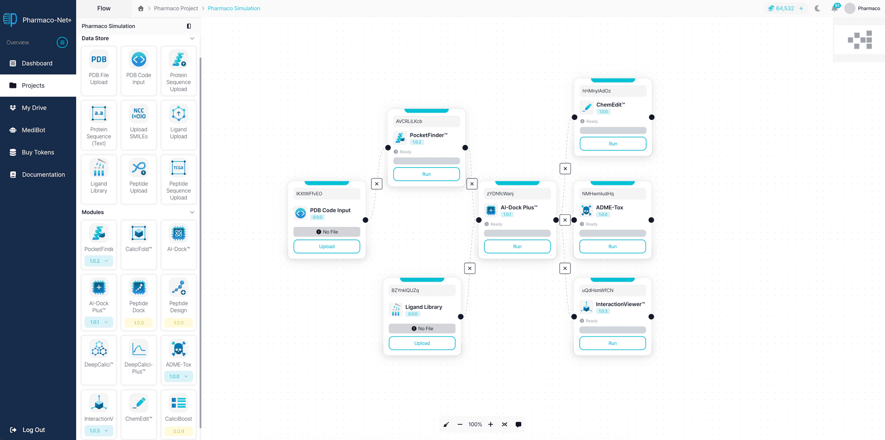 Pharmaco-Net flow builder, showing the module pipeline connecting PDB input through PocketFinder, AI-Dock Plus, and ADME-Tox