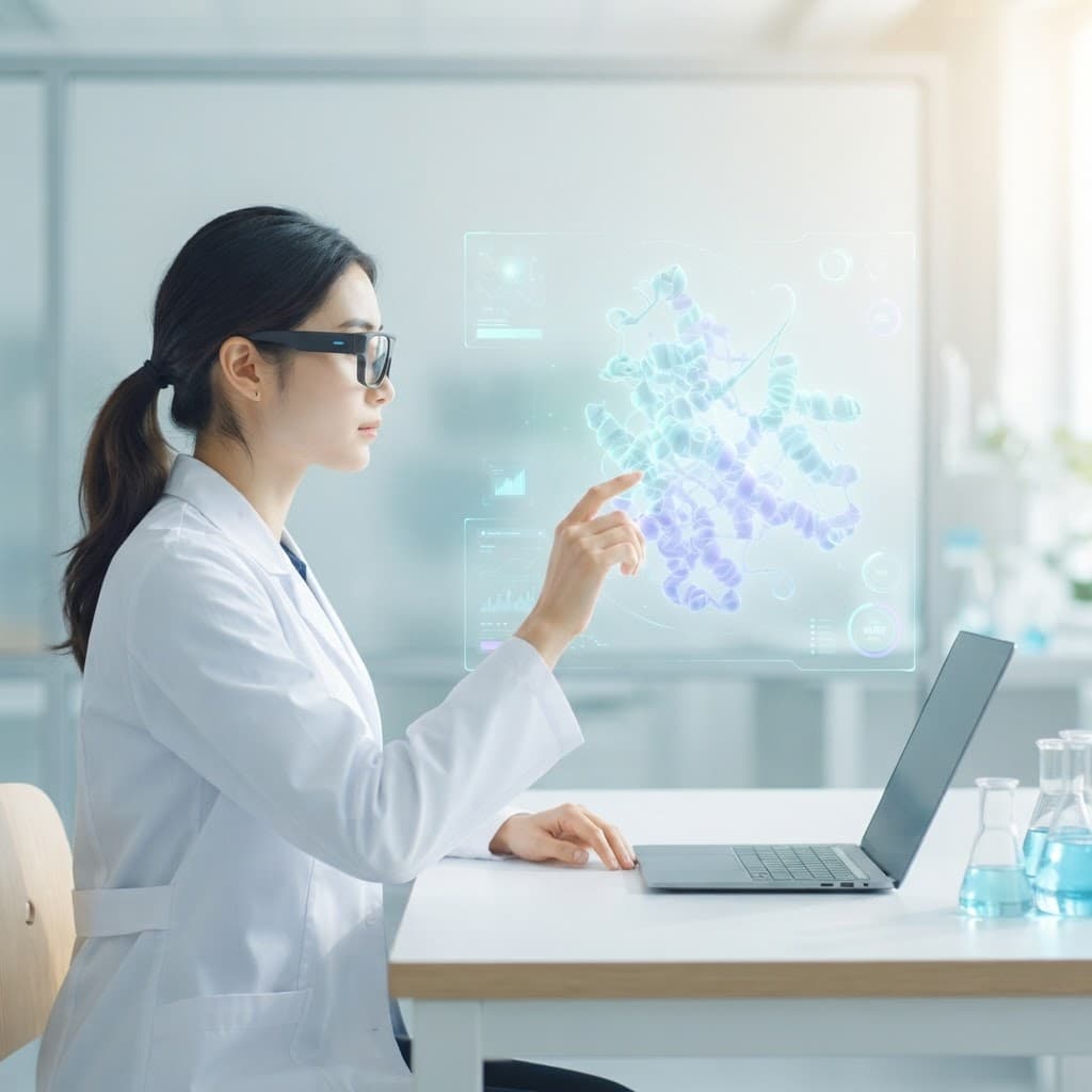 Transparent CaliSynax smart glasses connected to molecular research data