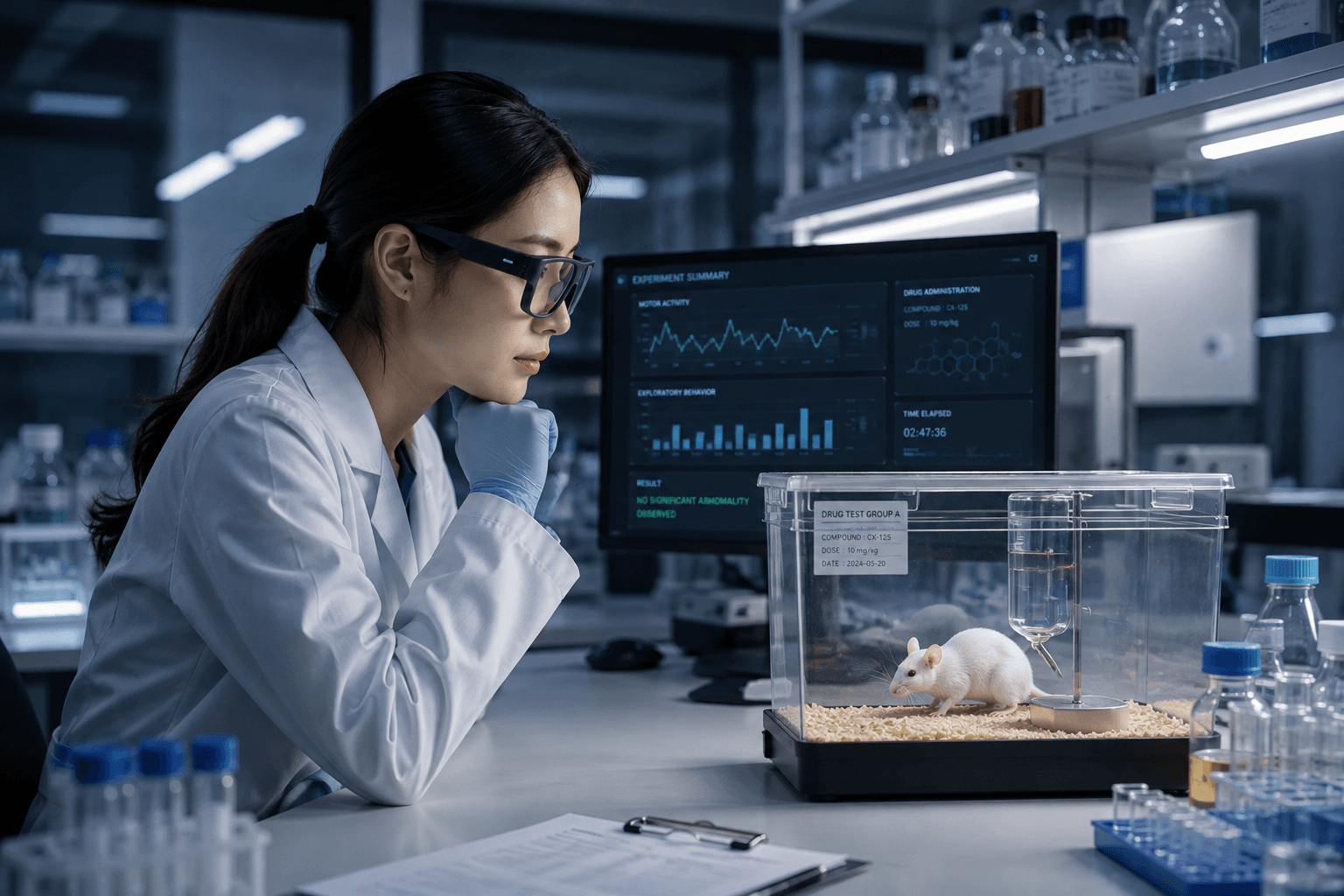 A researcher wearing smart glasses observes a mouse during a drug trial